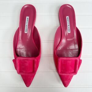 Manolo Blahnik Maysale Flat Mule Buckle Shoe Ballerina Pointed Toe Bright Pink
